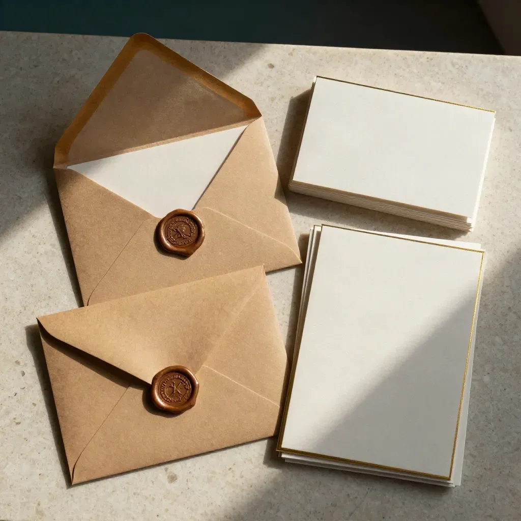 Top-down launch stationery suite with open envelope, wax seal, ribbon and foil-edged cards.