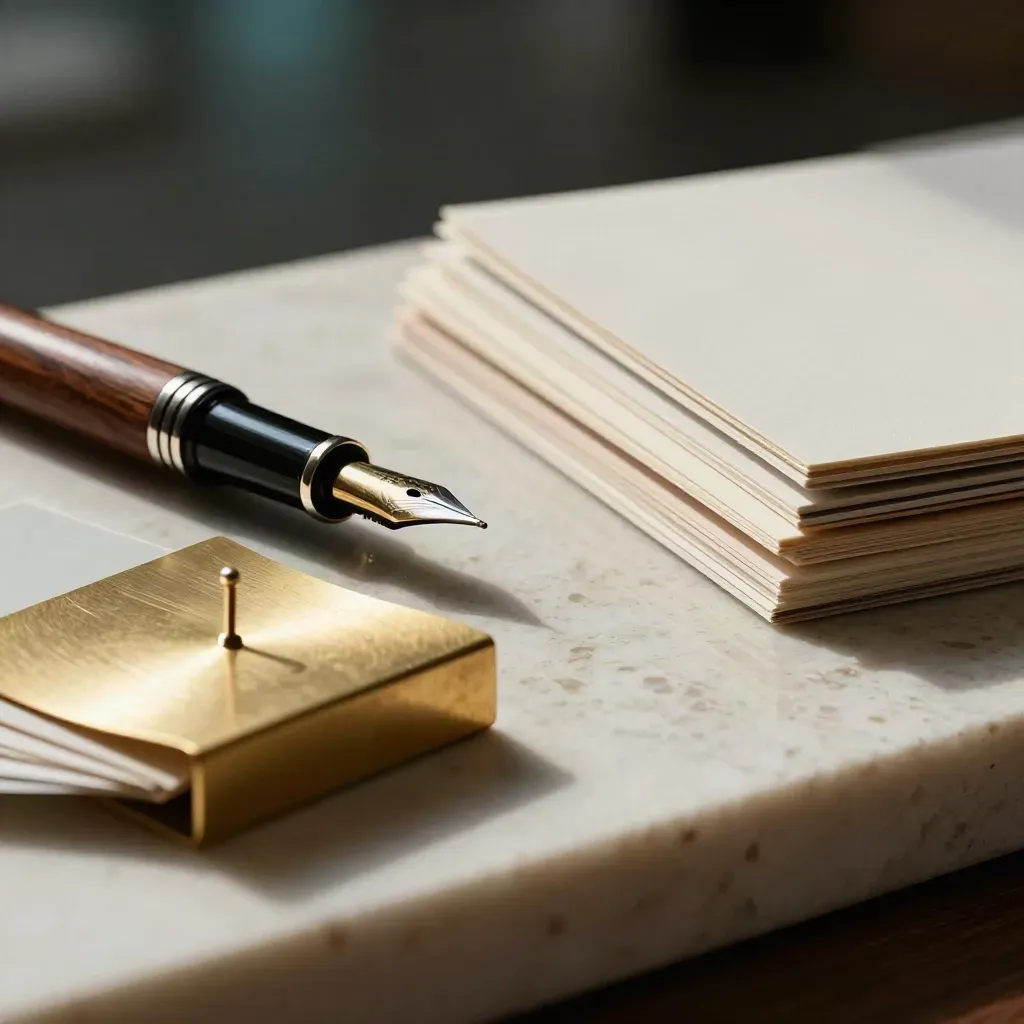 Brass paperweight, swatch fan, fountain pen and sample boards on travertine.