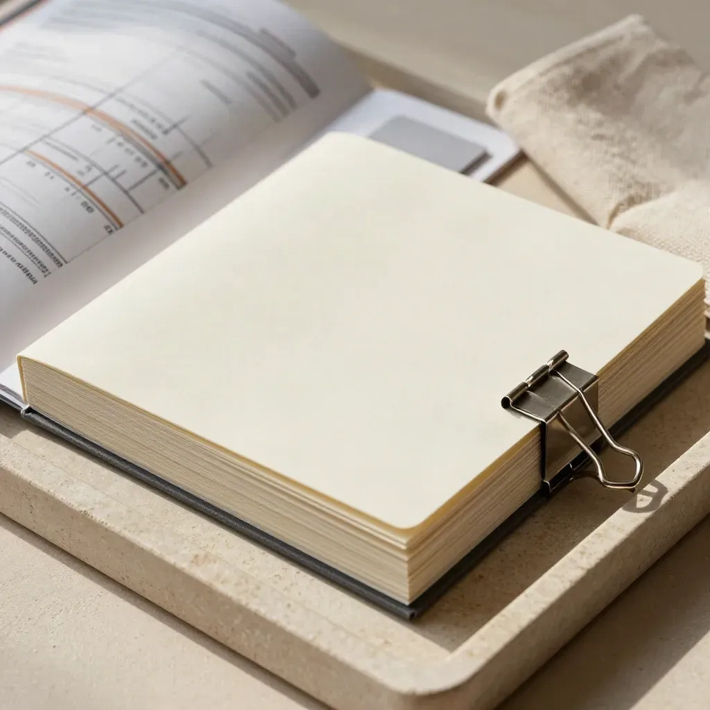 Blank dividers, muted tabs, binder clips and a project pouch on a stone tray with soft cloth