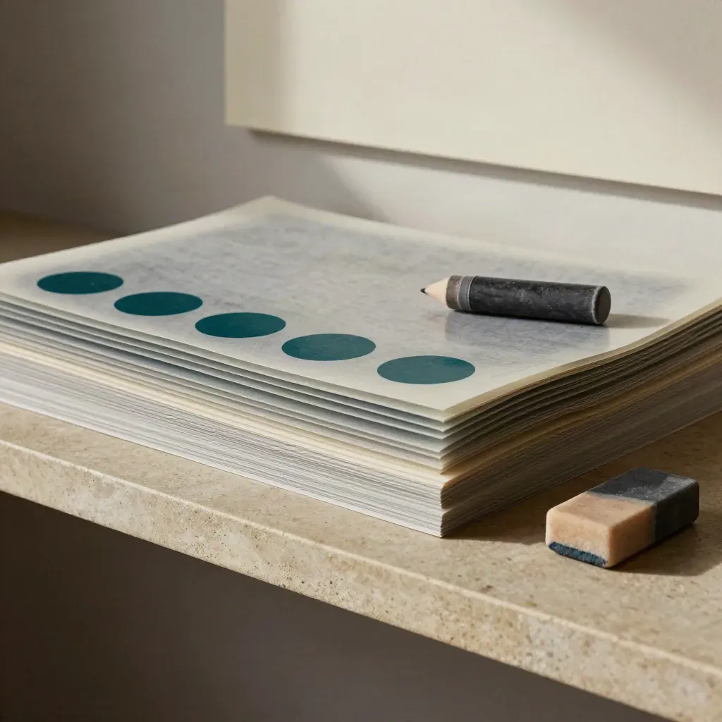 Tracing acetate layers, stickers, graphite stick and eraser on a stone shelf