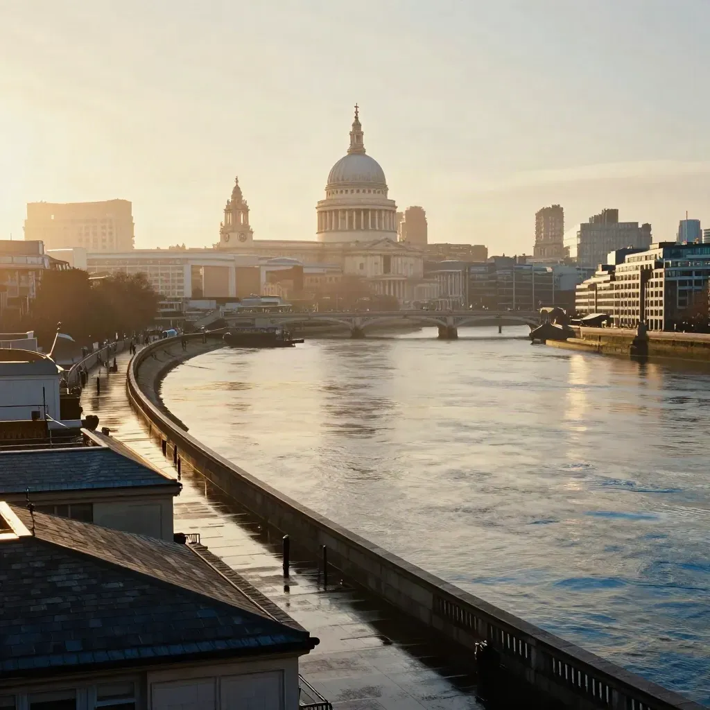 Golden Thames panorama with St Paul’s and wet amber reflections